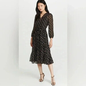 Shoshanna Benson Tiered Long Sleeve Sheer Metallic Chiffon Midi Dress Jet/Bronze